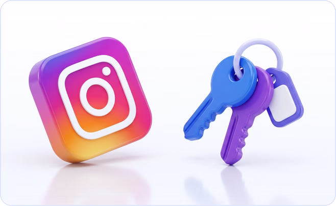 3D Instagram app icon beside a ring of keys carrying permission tags