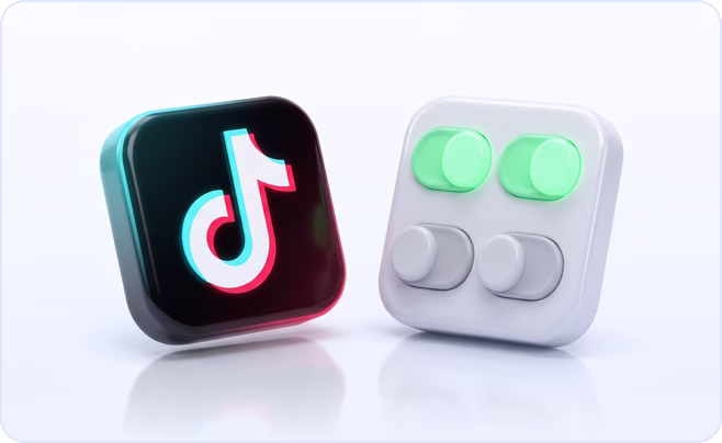 3D TikTok app icon beside toggle switches, two switched on and two off