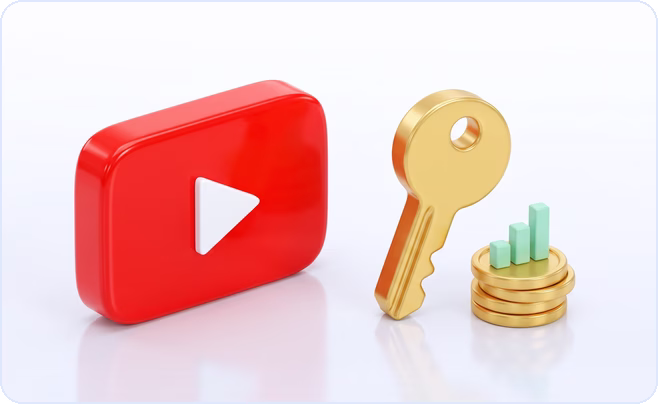 3D YouTube play icon beside a gold key and a stack of coins with a small rising chart