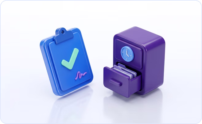 3D clipboard with a green tick and signature beside a purple filing cabinet with a clock