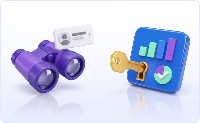 3D binoculars aimed at a profile card beside a gold key unlocking an analytics card with a tick