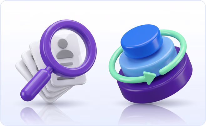3D magnifying glass over a stack of profile cards beside tiered discs wrapped in a refresh arrow