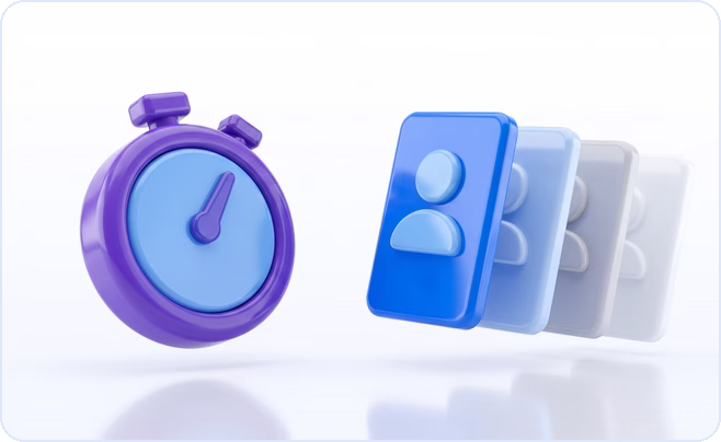 3D stopwatch beside a row of profile cards fading from bright blue to pale grey
