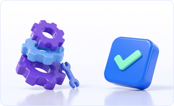 3D stack of gears with a wrench beside a blue cube with a green tick