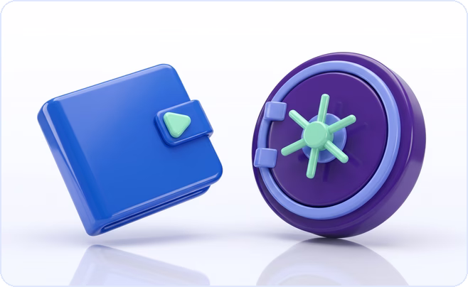 Blue wallet with a play badge facing a purple bank vault, illustrating creator income data via API