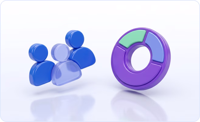 Group of audience figures, one of them translucent, facing a purple donut chart of creator audience demographics