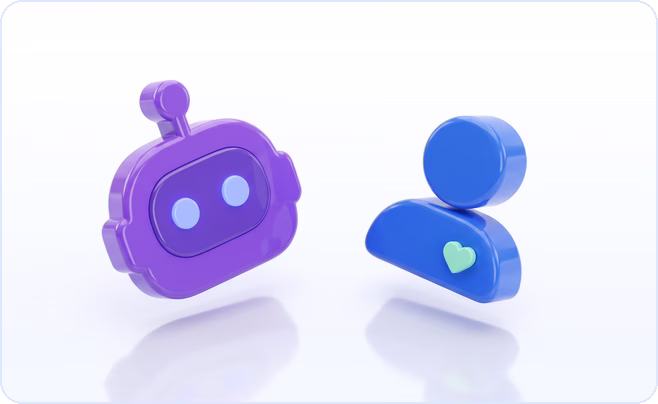 Purple robot head facing a blue person avatar with a heart badge, illustrating fake follower detection