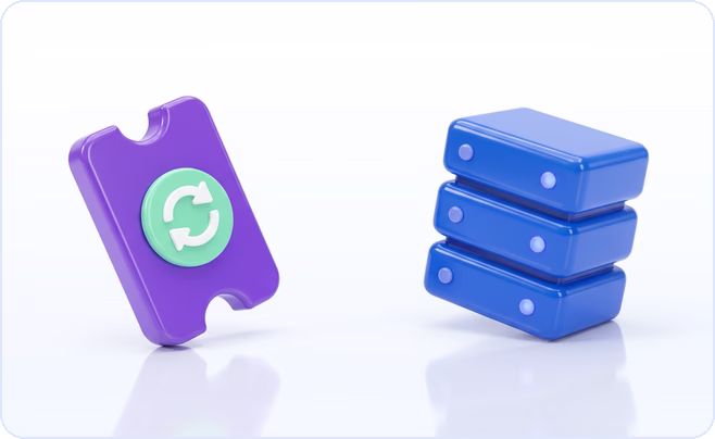 Purple ticket with a mint refresh badge facing a blue server stack, illustrating OAuth token refresh at scale