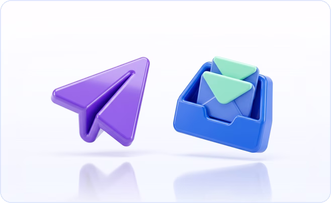 Purple paper airplane facing a blue inbox tray with two identical envelopes, illustrating webhook delivery and duplicates