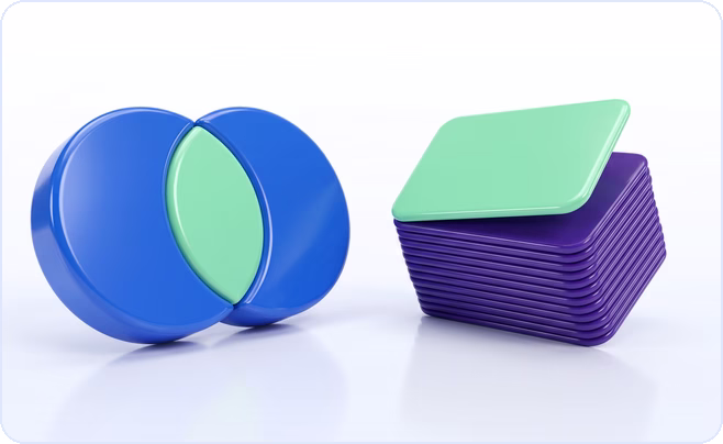 Blue overlapping Venn circles facing a purple stack of cards with one mint card raised, illustrating cross-platform identity resolution
