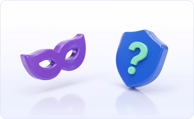 Purple masquerade mask facing a blue shield with a mint question mark, illustrating burner account detection