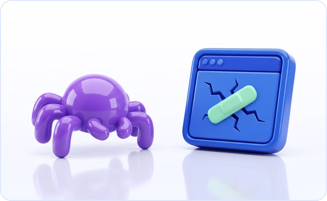 Purple robot spider crawler facing a blue cracked browser window with a mint bandage, illustrating why scrapers break