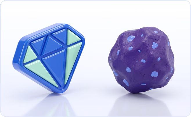 Blue polished diamond facing a rough purple stone, illustrating API-sourced versus scraped data quality