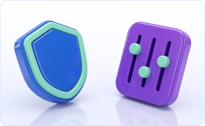Blue shield with a mint rim facing a purple panel of three sliders, illustrating a brand safety scoring engine