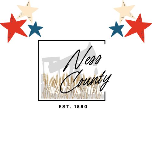 Red and blue stars in the upper right and left corners. Black Square with grey oil pump inside with wheat on inside of the square with the Words Ness County.  The words Established 1880 below the square.  The words Election Notice in red below the square