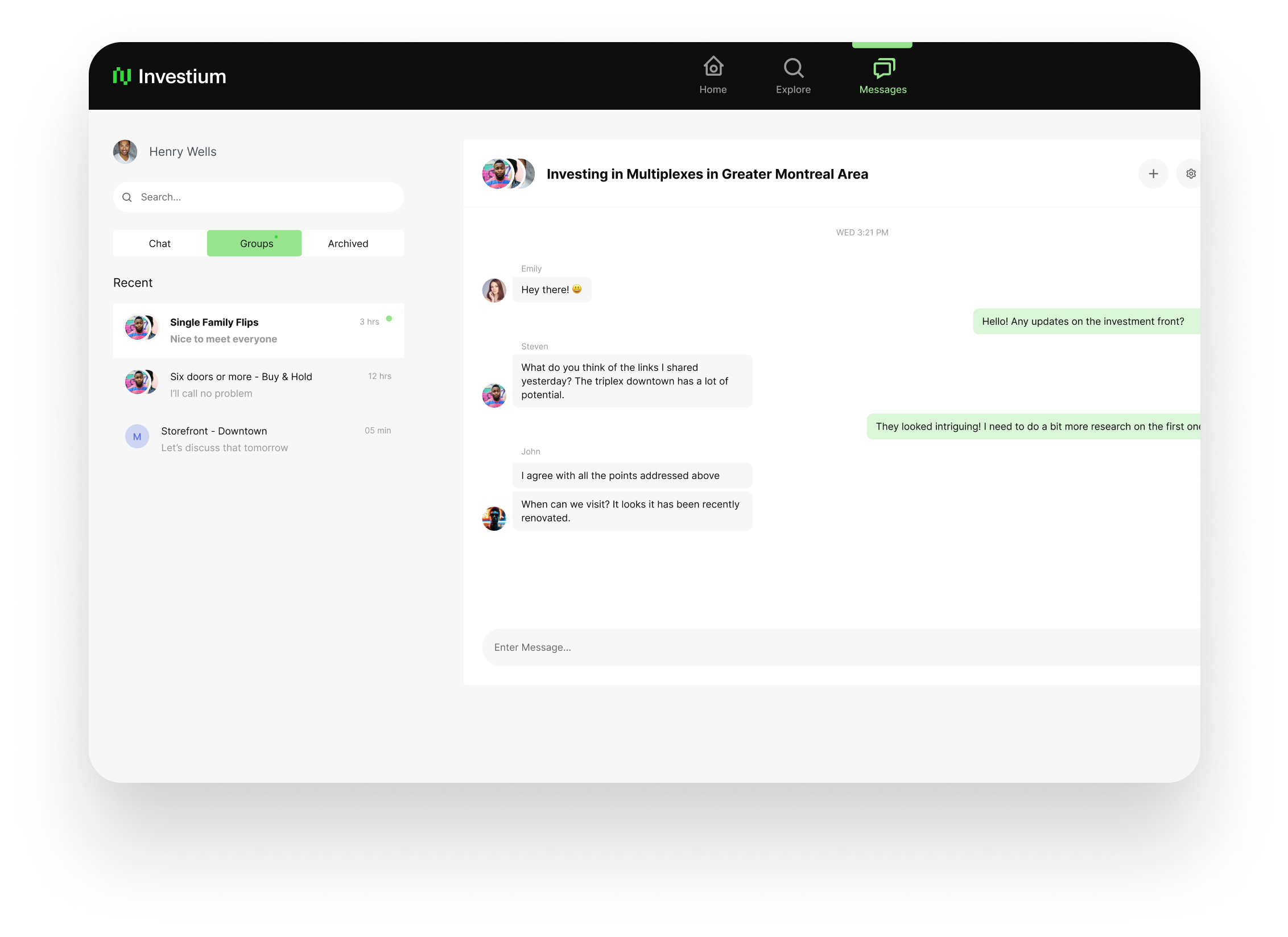 Investium chatroom dashboard