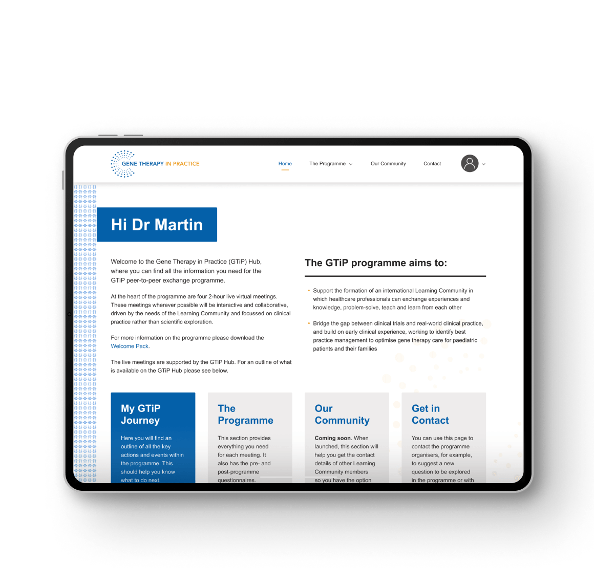 Tablet mockup showing homepage of GTiP website