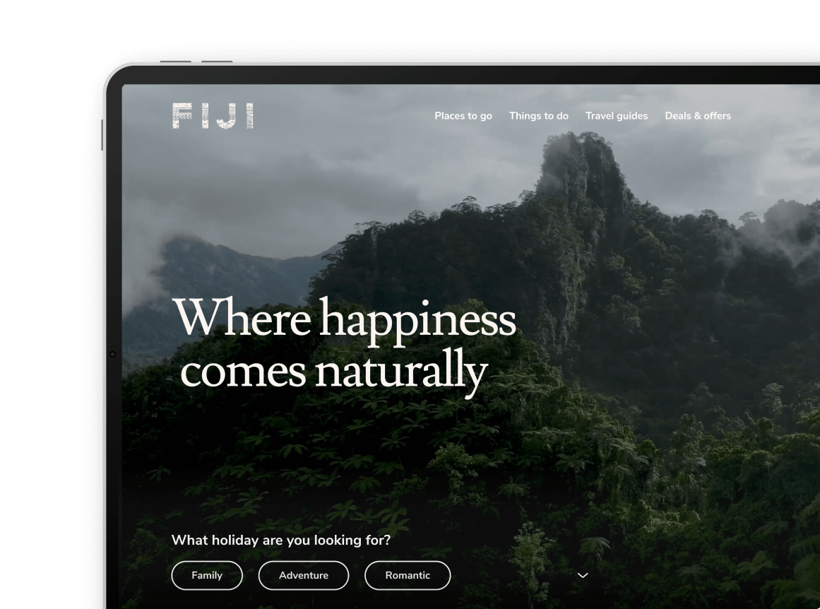 A close up of iPad mockup showing homepage of the Toursim Fiji website