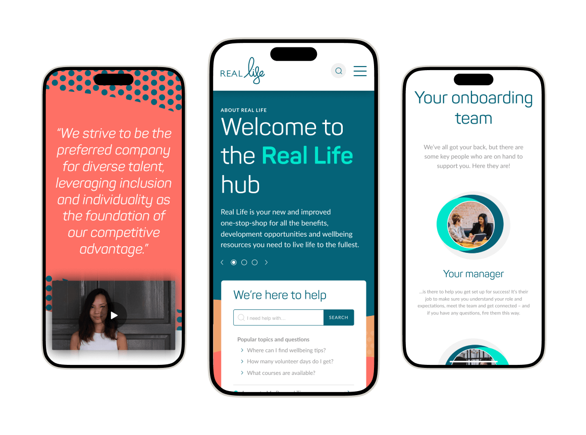 Multiple iPhone mockups showing homepage, community and new joiners screens of the Realogy website