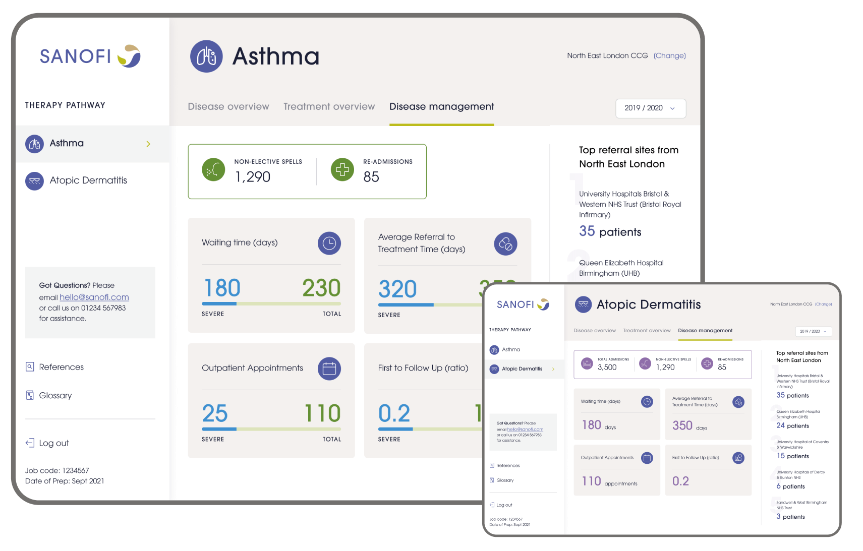 Tablet mock up showing disease management in Asthma and Atopic dermatitis therapy areas