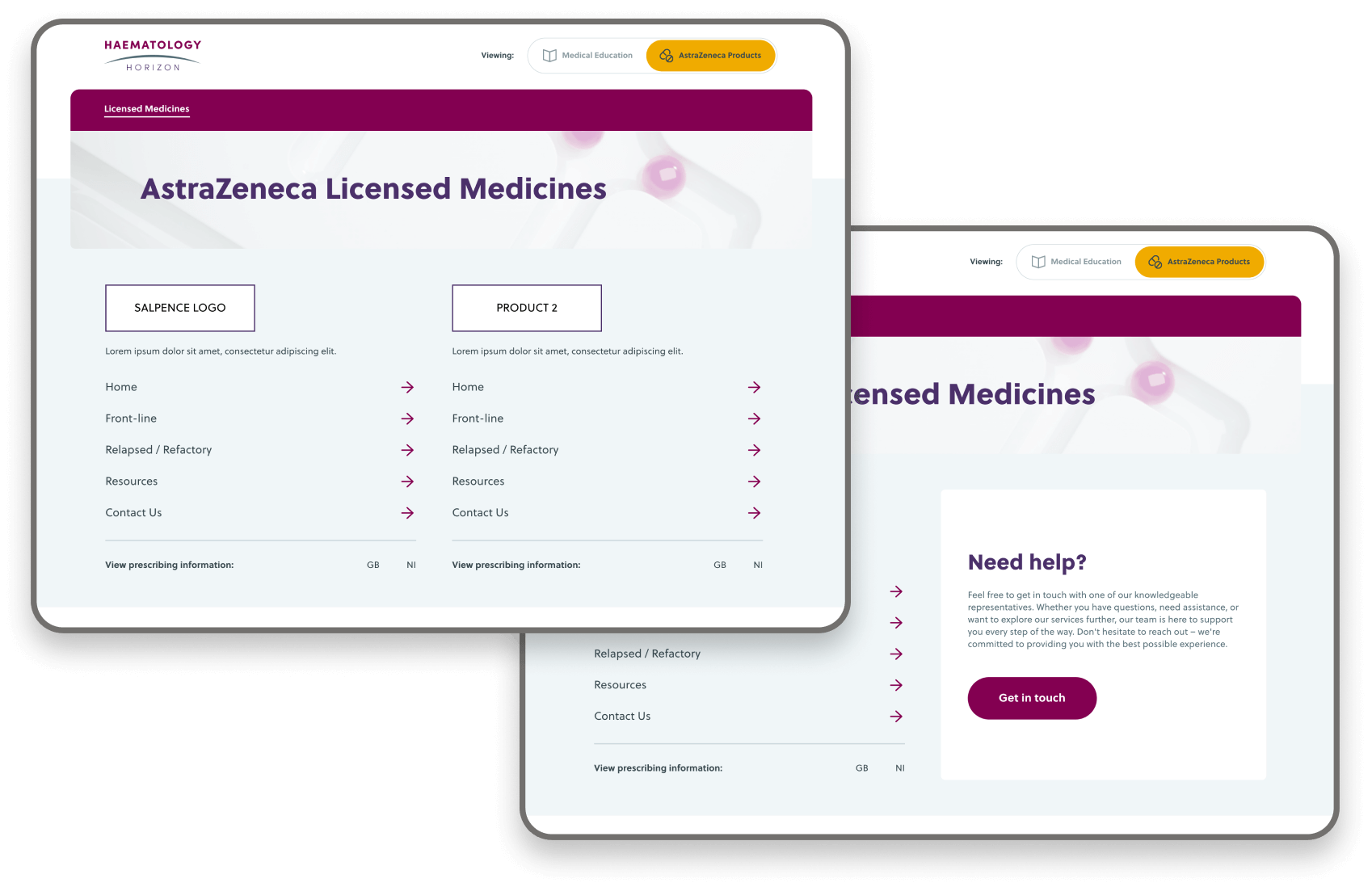 Tablet mockups showing the AZ products page