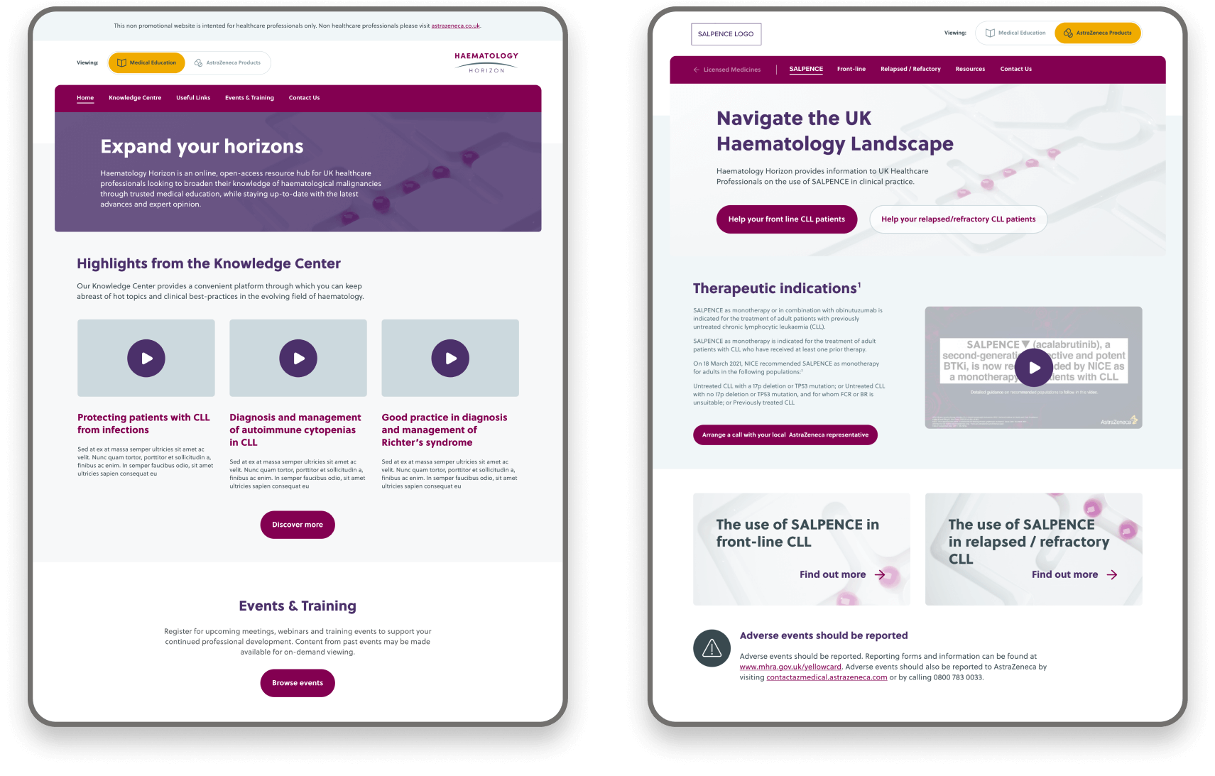 Tablet mockups showing the Haematology home page 