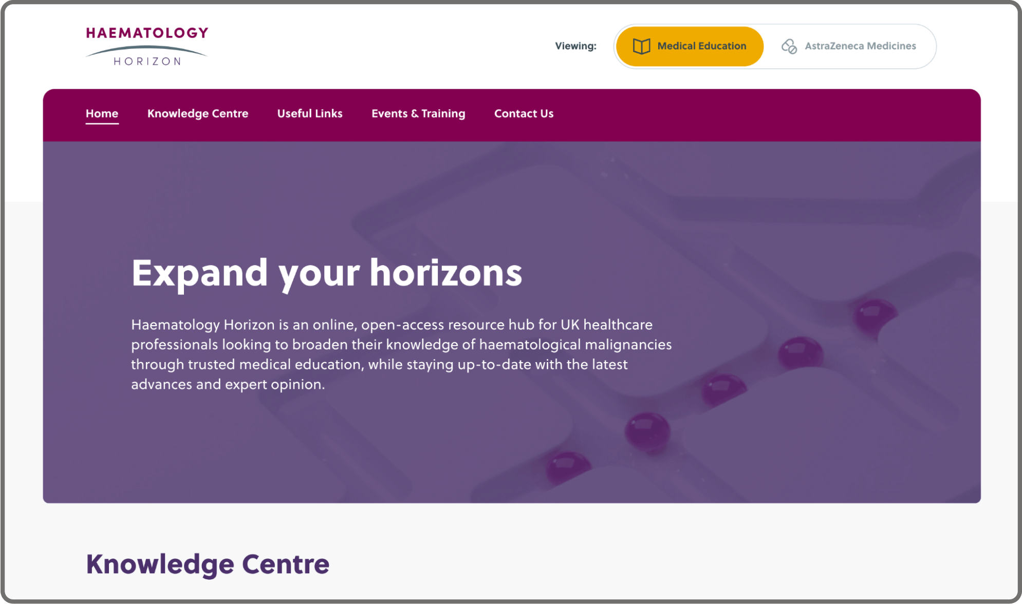 Desktop mockup showing homepage of Haematology Horizon website