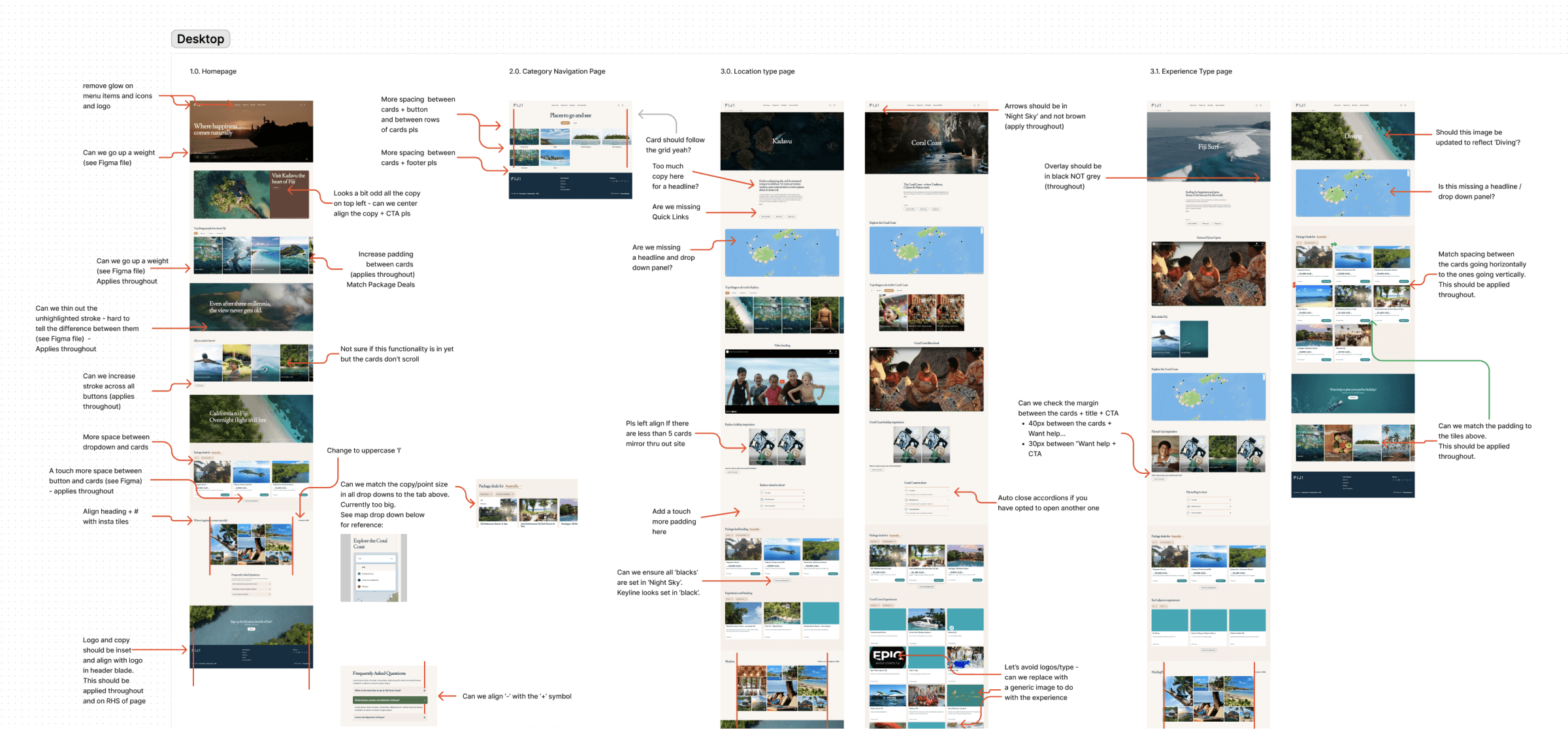 Screenshots of staging site with annotated notes and arrows