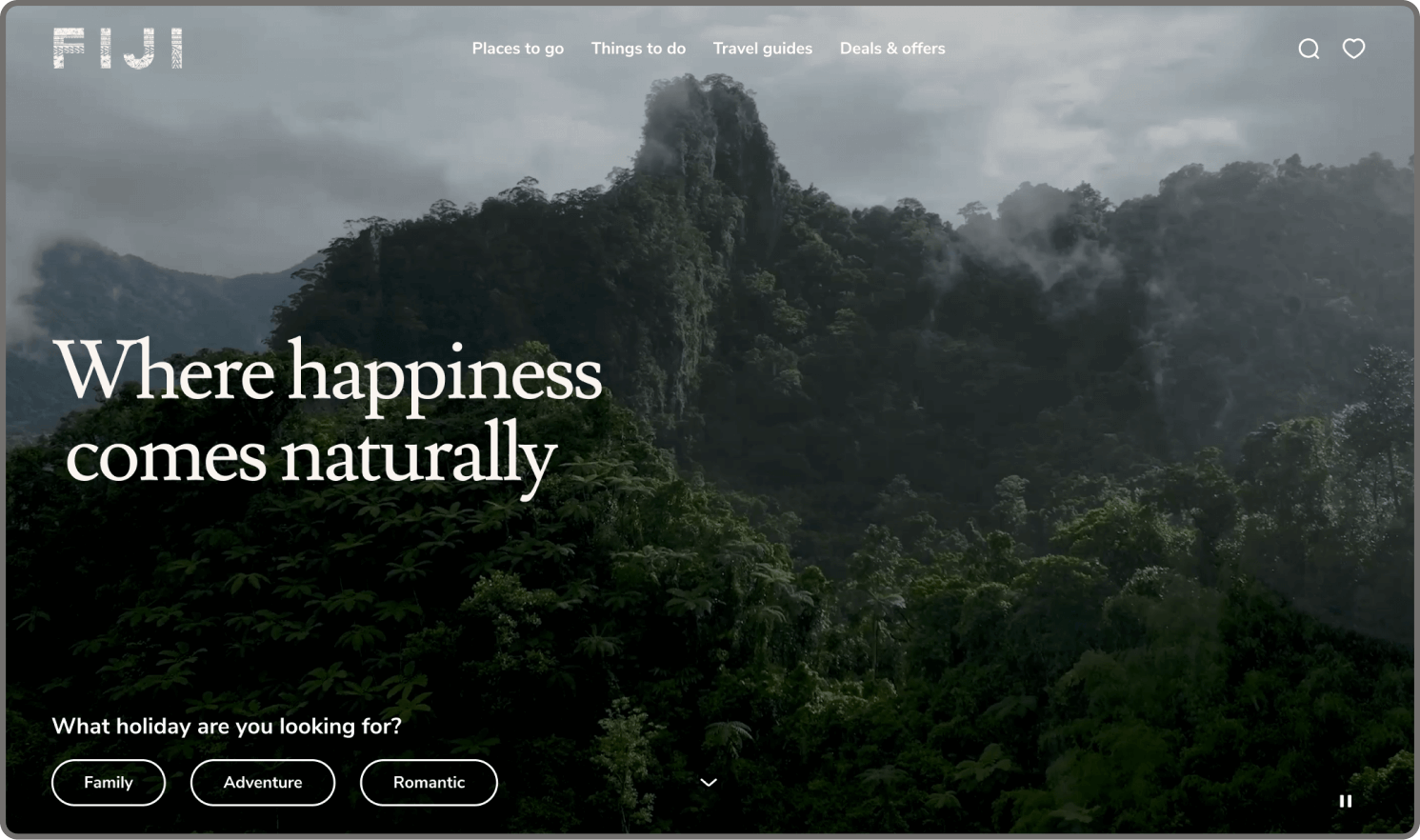Website mockup showing home page of Tourism Fiji homepage