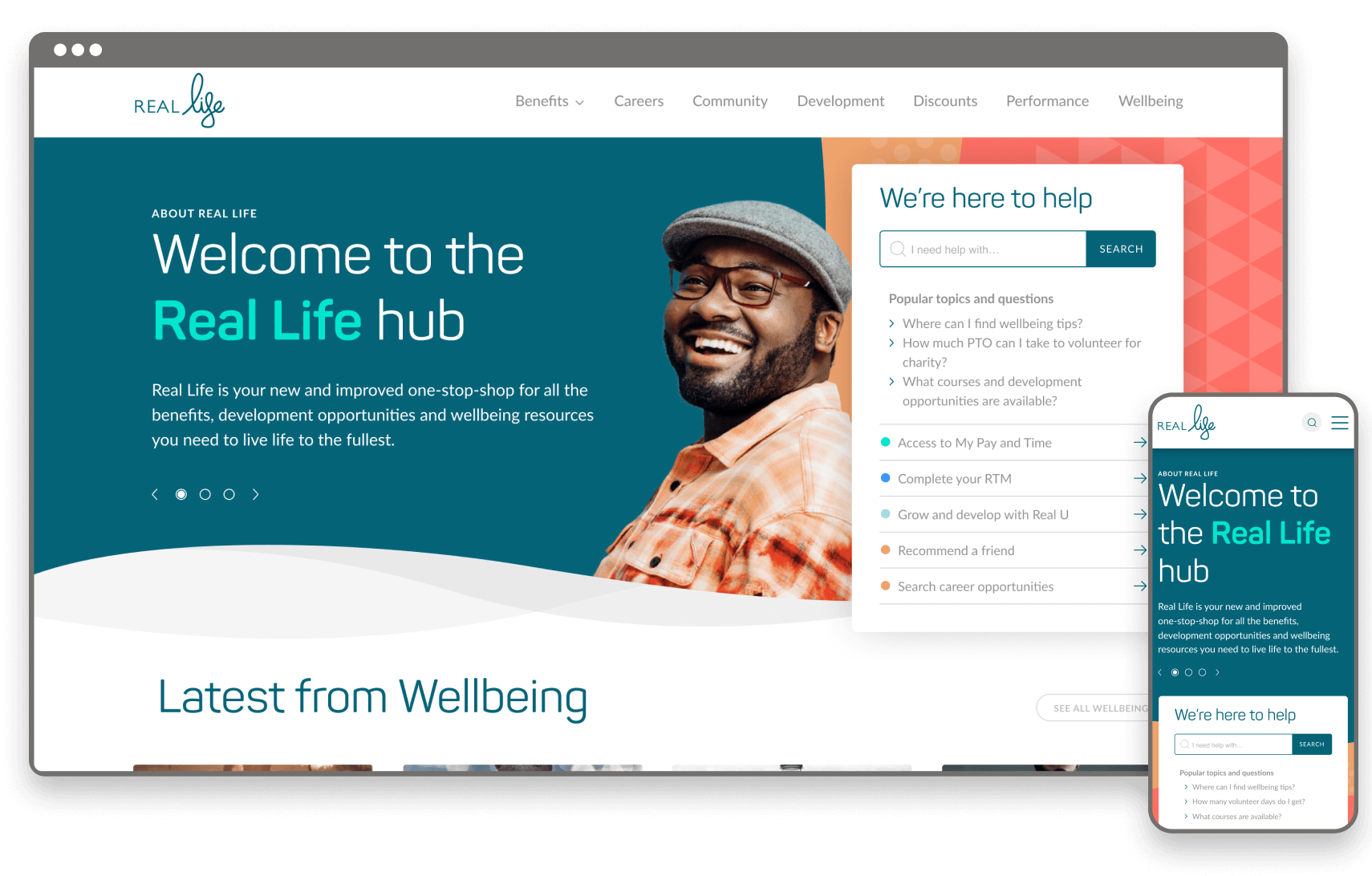 Desktop and mobile mockups showing home page of Realogy website
