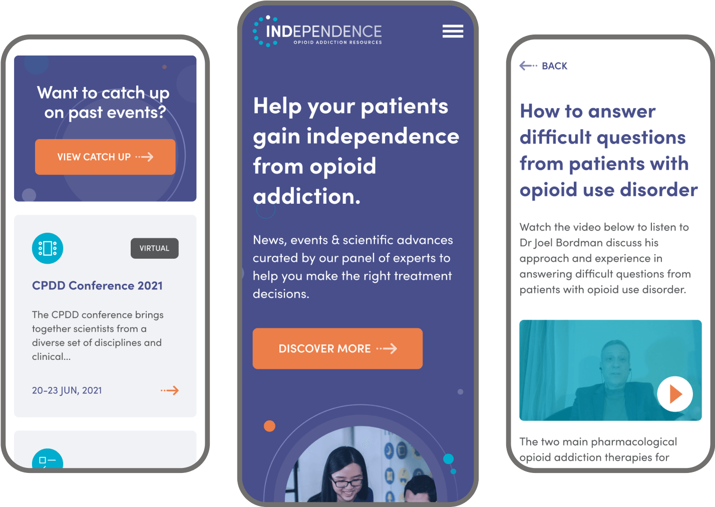 Mobile mockups showing homepage, events and a news article of Independence website