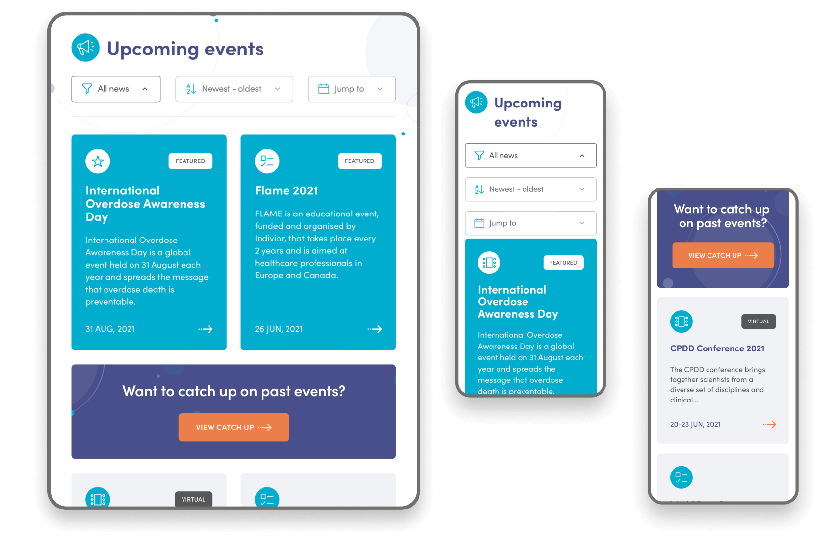 Tablet and mobile mockups of the Independence website showing the events page
