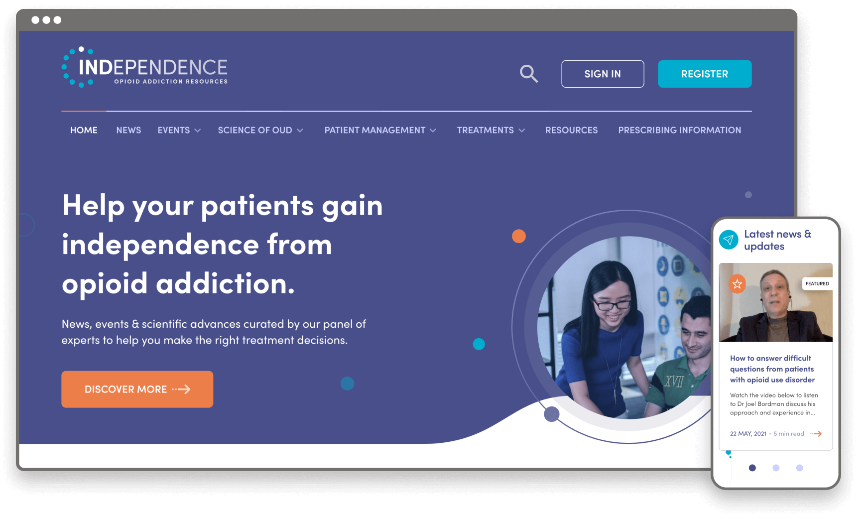 Desktop and mobile mockup of the Independence website showing the home page