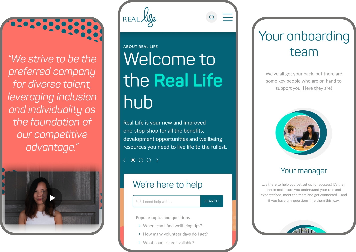 Mobile mockups showing the Realogy site - left screen showing a quote and video, middle screen showing hime page and right screen showing onboarding team design