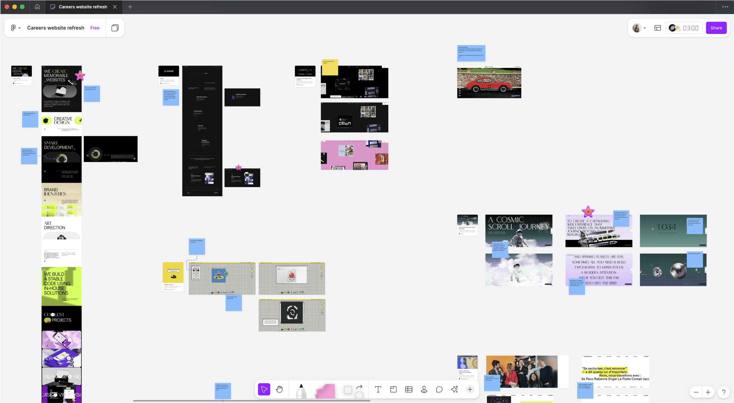 FigJam board showing screenshots of websites for inspiration with annotations alongside
