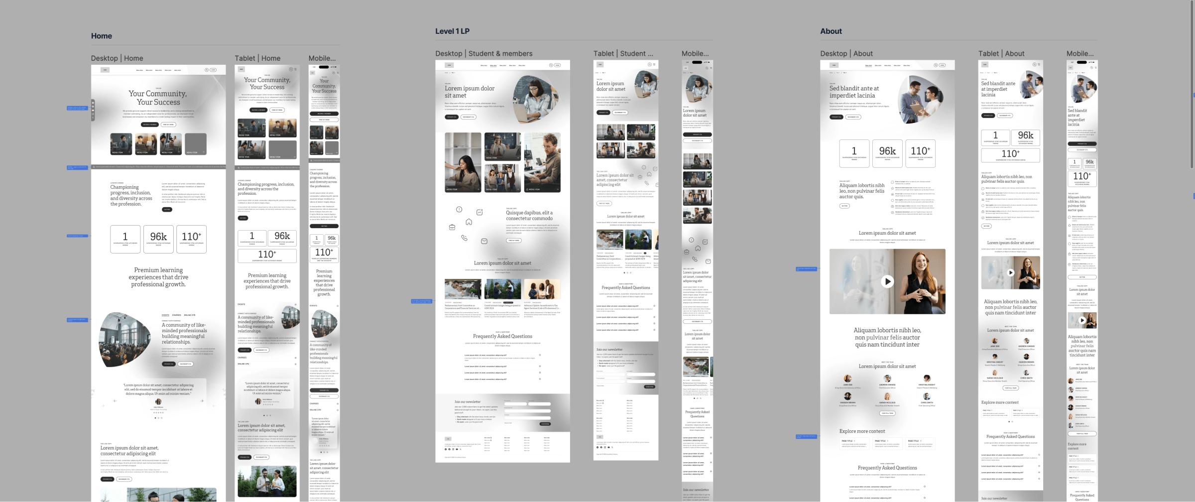 Figma file showing greyscale concepts of designs 