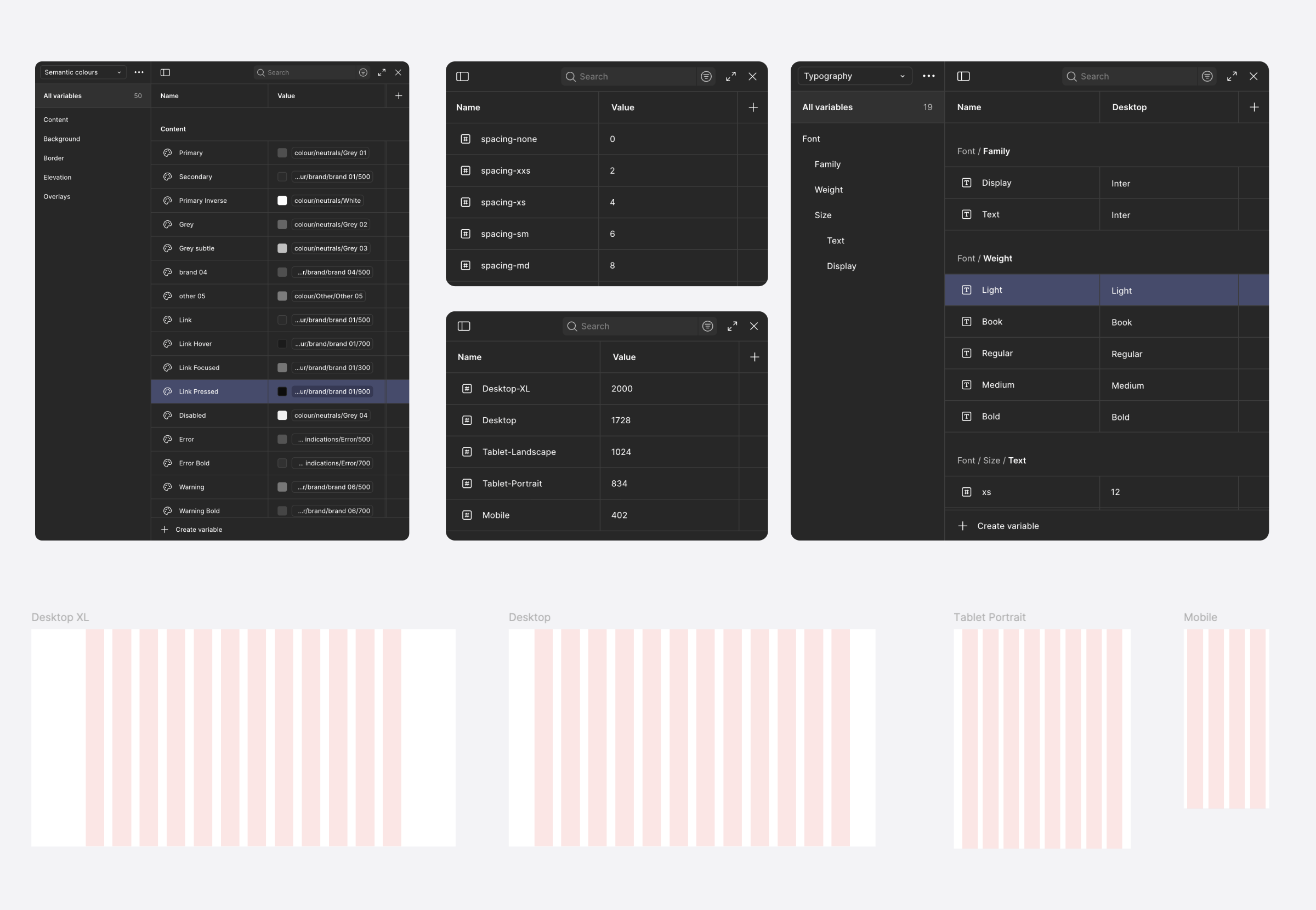 screenshots showing variables and grids set up in figma
