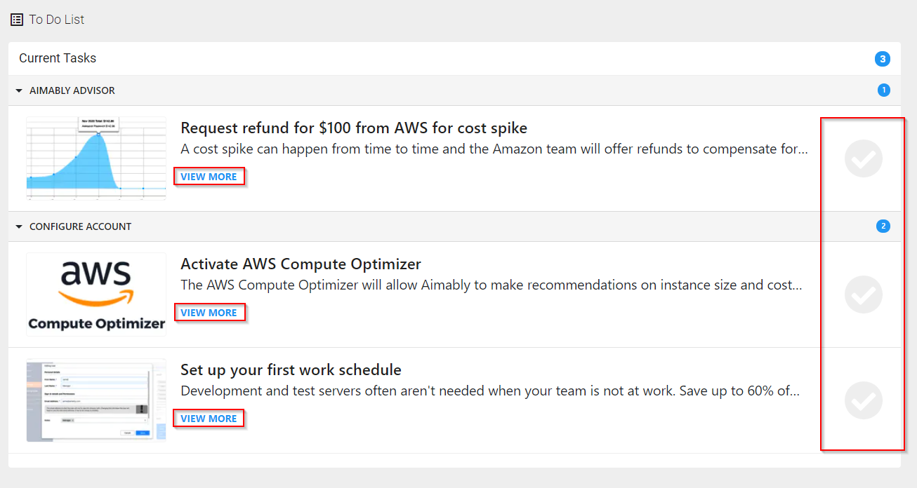 Screenshot of the new Aimably To Do List. Tasks on the list are organized into categories and include a screenshot, a title, a description, a link to view more and a checkbox icon. Each of the view more links and checkboxes are highlighted in a red box.