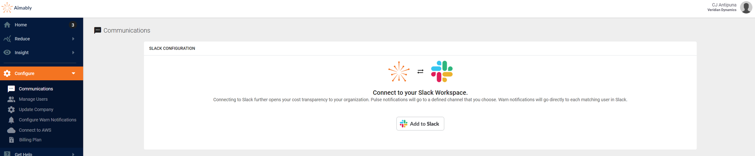 A screenshot of the Aimably configuration screen for Slack, found under the Configure section of the navigation menu in its own page titled Communications. On the page is an Add to Slack button.