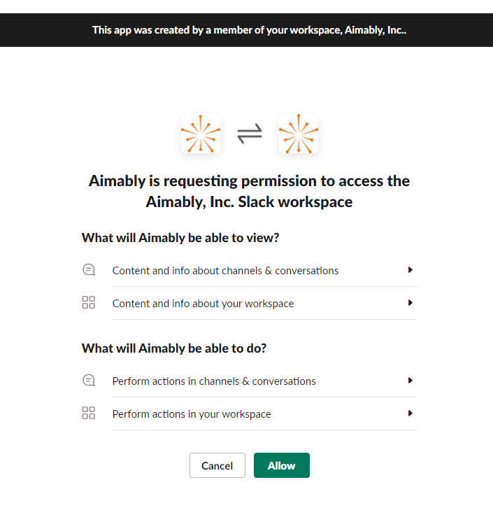 The standard Slack screen displayed while connecting to any third party application. The screen indicates that the Aimably application will be able to view content and information as well as perform actions in channels, conversations and workspaces.