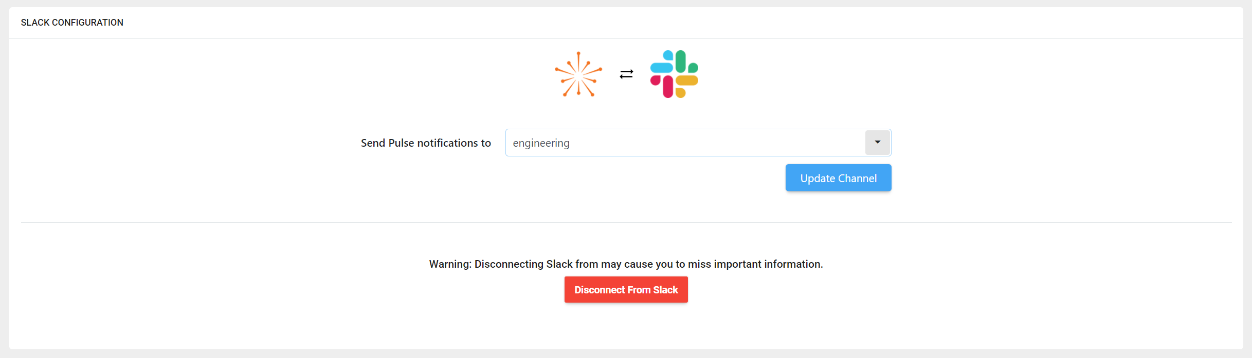 Screenshot of the Slack management screen in Aimably after the connection has been made. Allows for channel selection for pulse notifications as well as Slack disconnection.