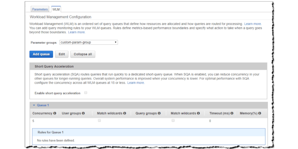 A screenshot of the WLM configuration page in the AWS Management Console