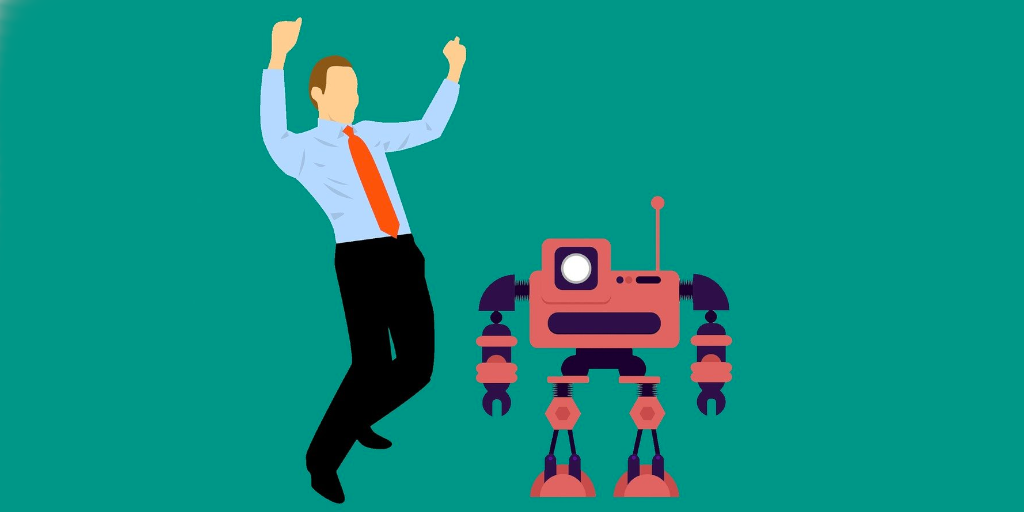 Illustration of a man wearing a tie and no coat dancing in front of a robot.