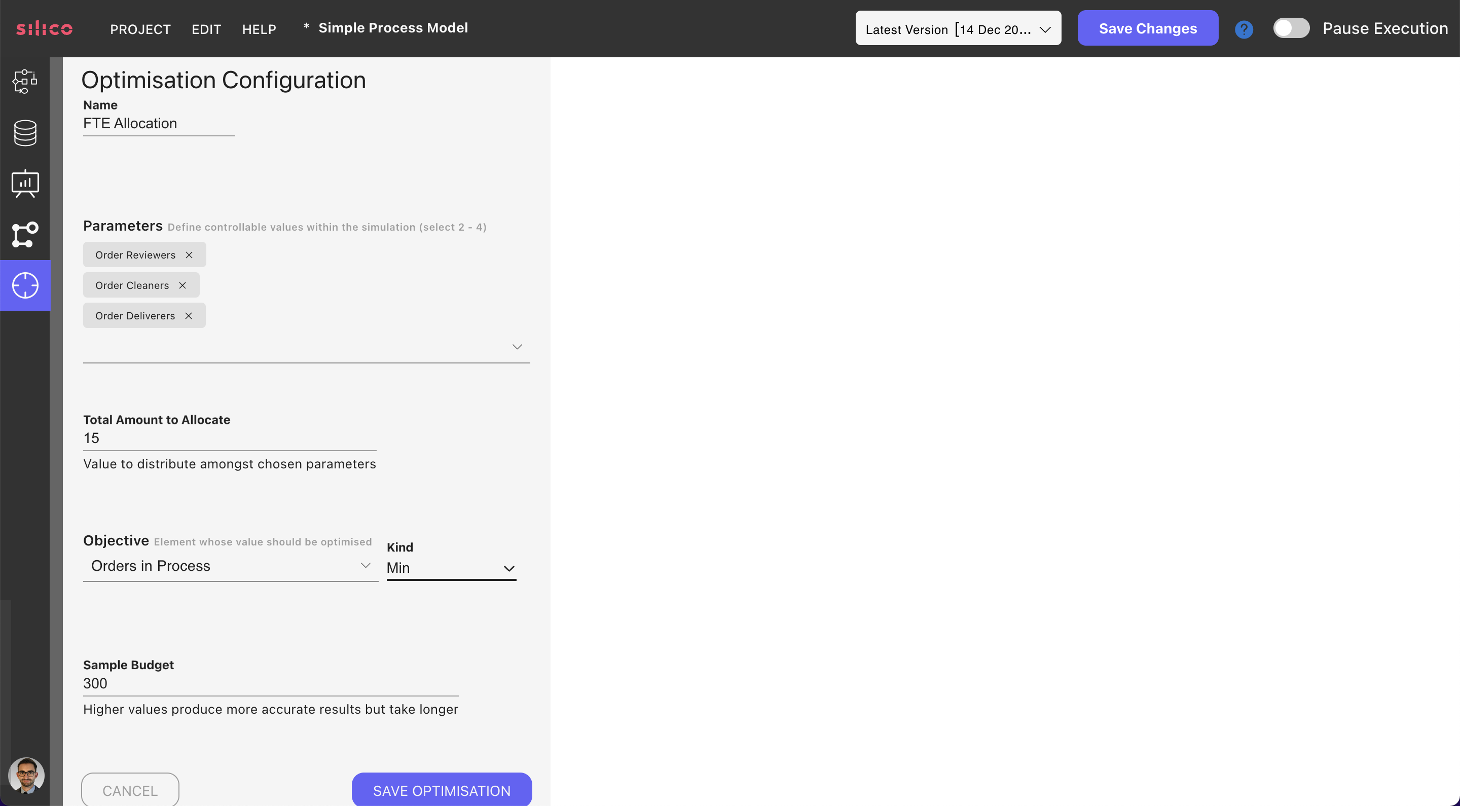 Simulation optimisation settings in Silico