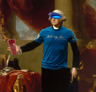George Washington holding a red solo cup wearing sunglasses. An American Grit legacy
