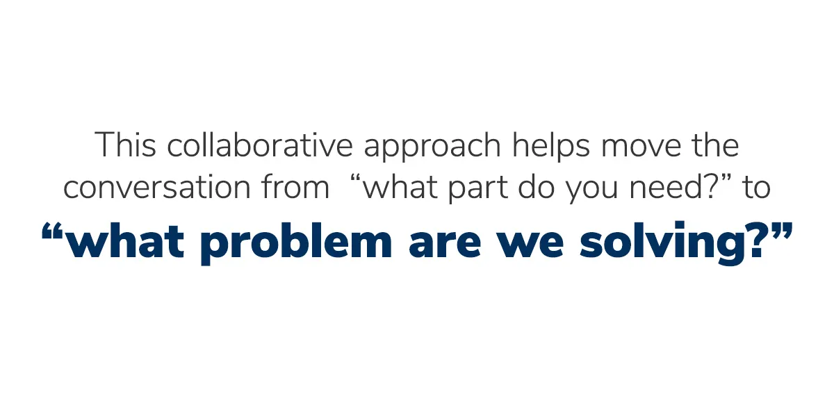 Quote - This collaborative approach helps move the conversation from "what part do you need?" to "what problem are we solving?"