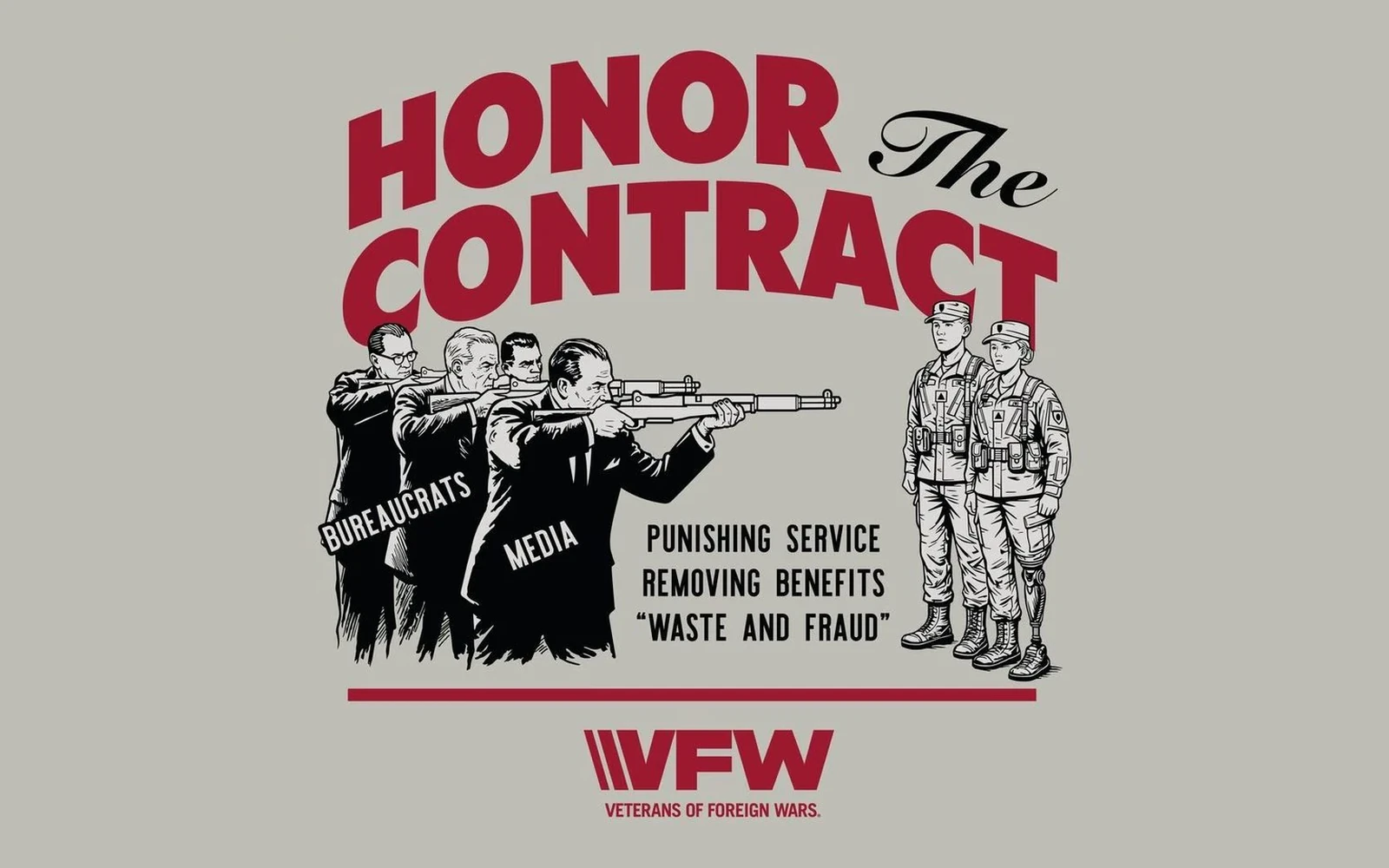 Honor the Contract — VFW graphic: bureaucrats and media aiming rifles at U.S. service members over the words punishing service, removing benefits, and waste and fraud.