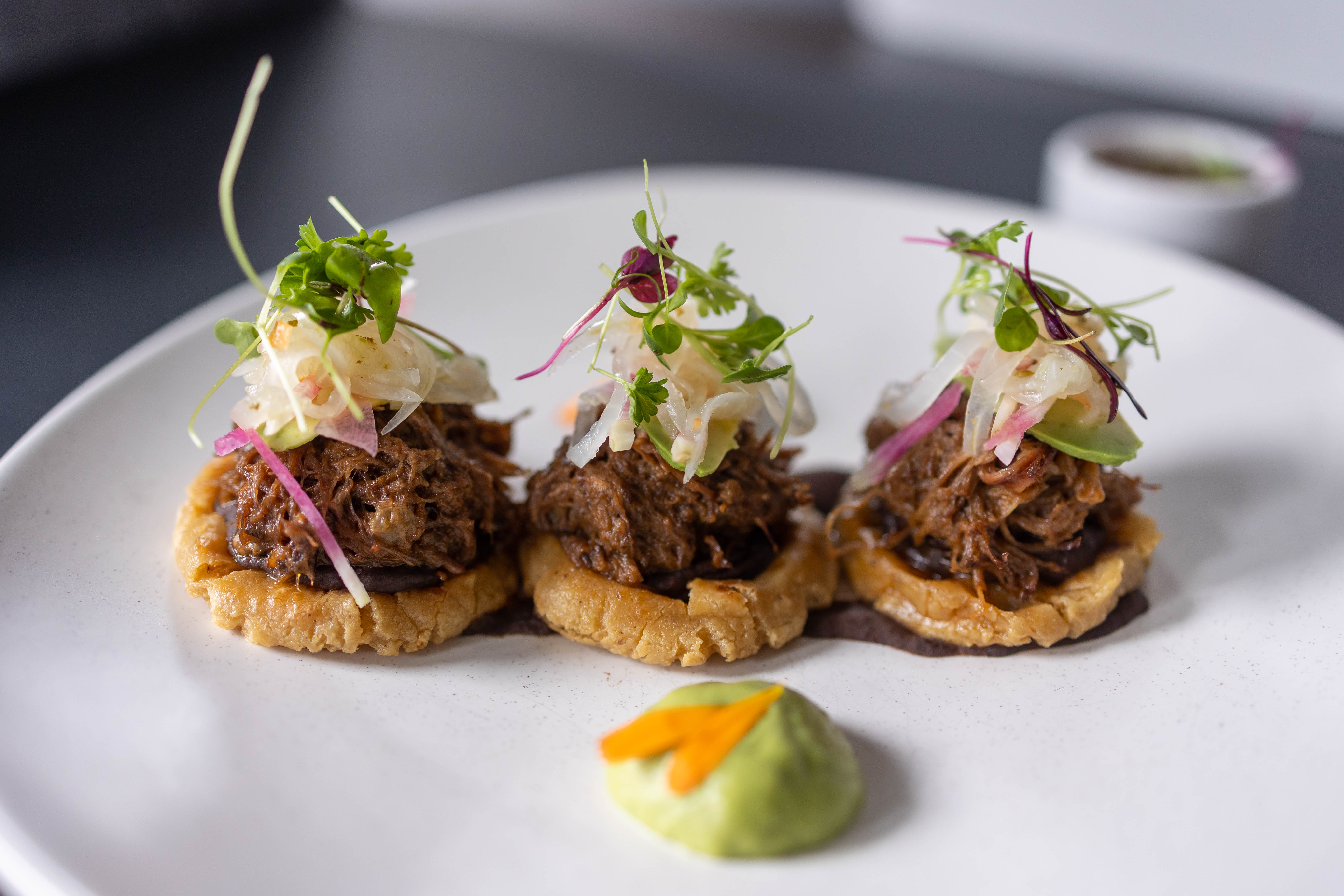 Our Sopes appetizer. Three sopes topped with shredded short rib and marinated onions
