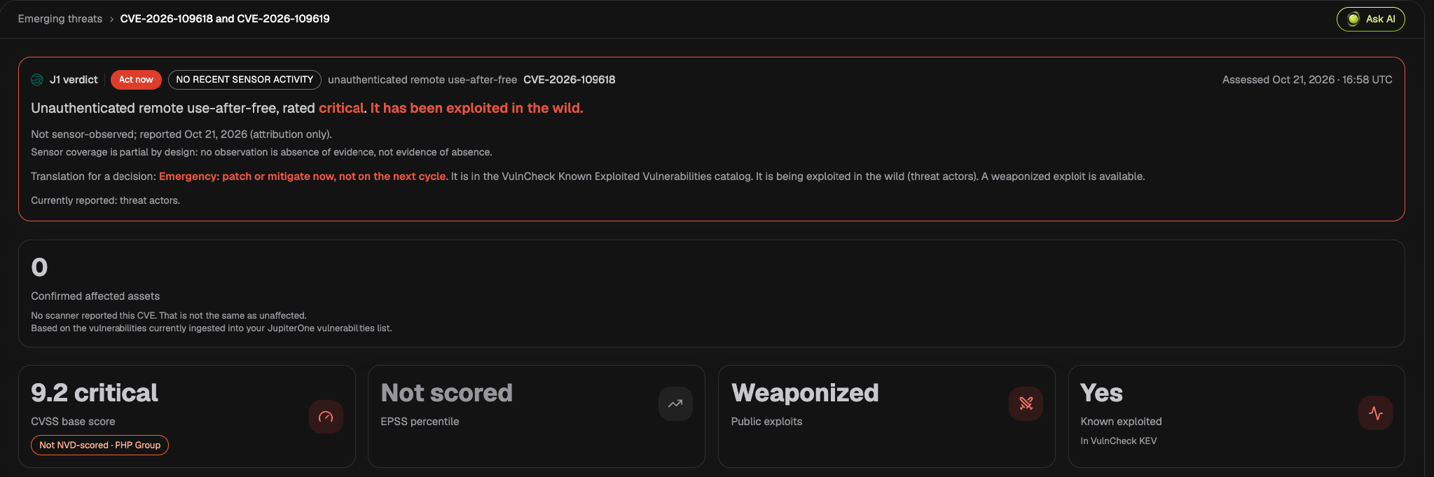 JupiterOne Emerging Threats entry for CVE-2026-109618 and CVE-2026-109619