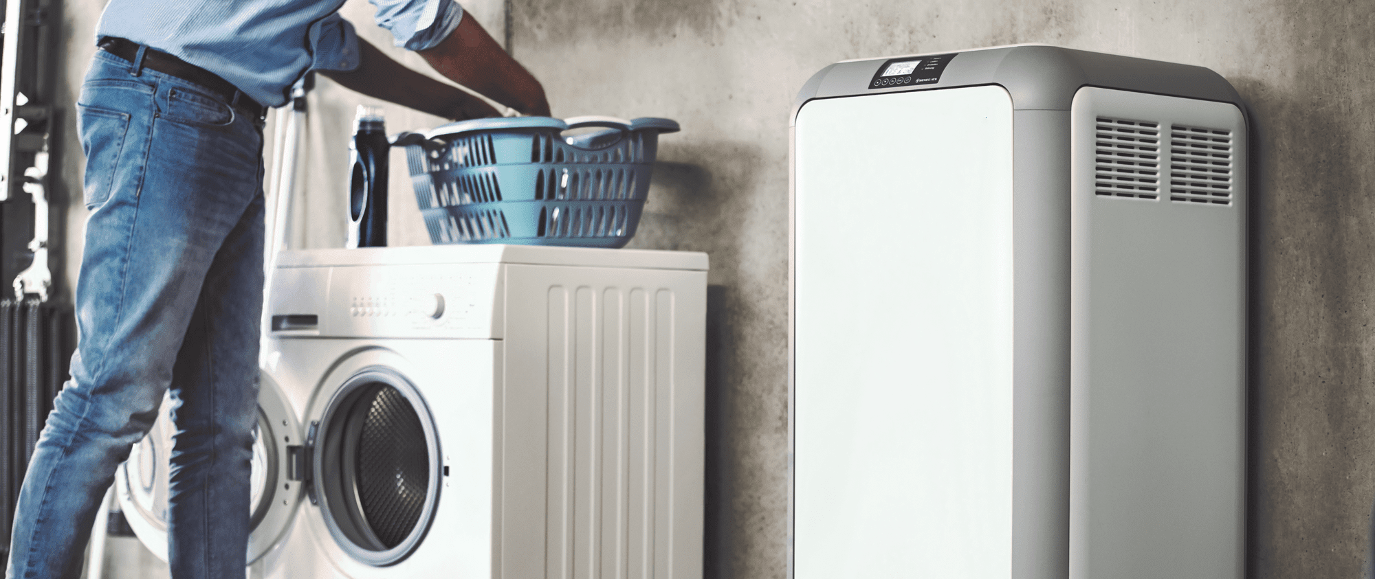 Internal view of a house with washing machine and storage battery for photovoltaics
